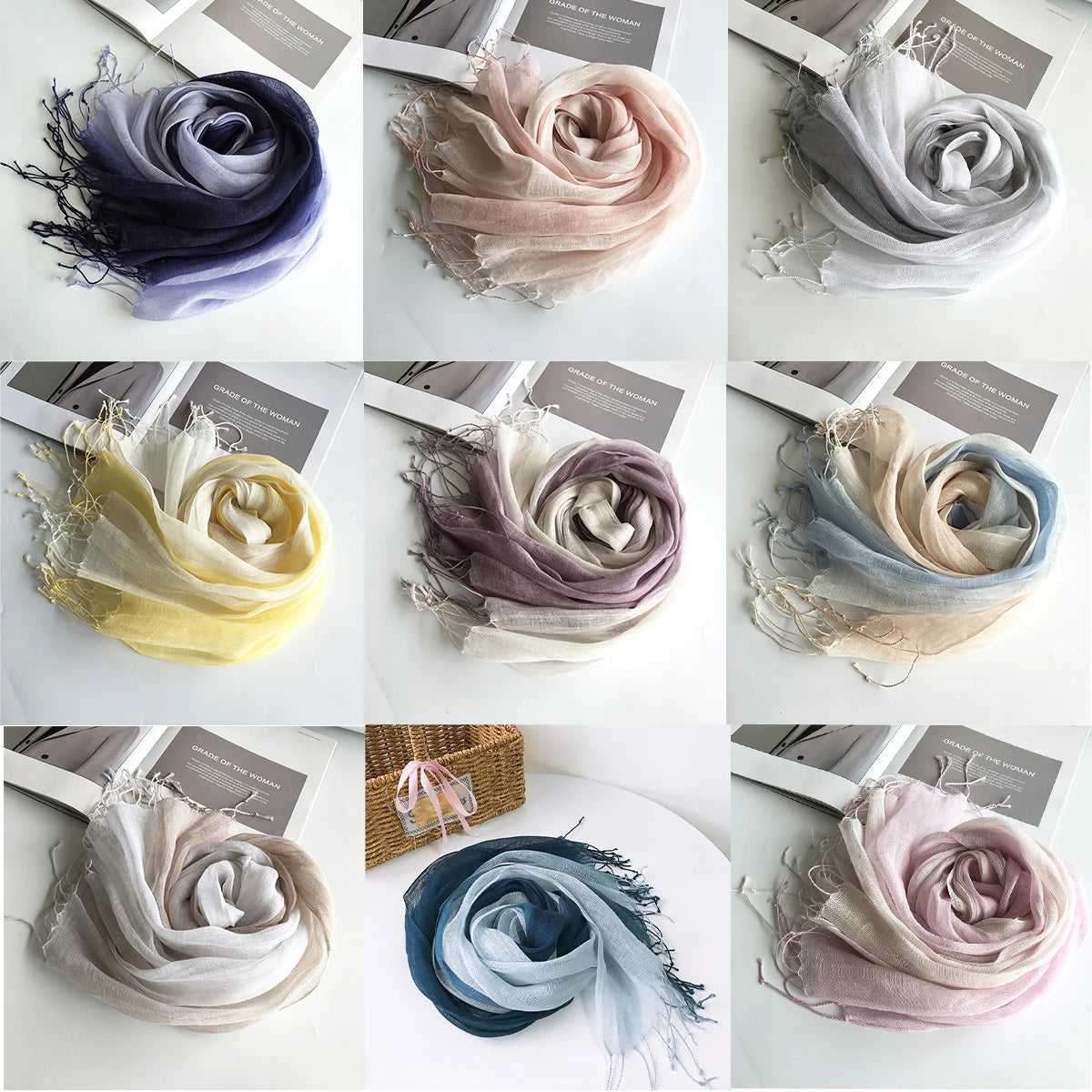 100% linen gradient color spring/summer women's scarf
