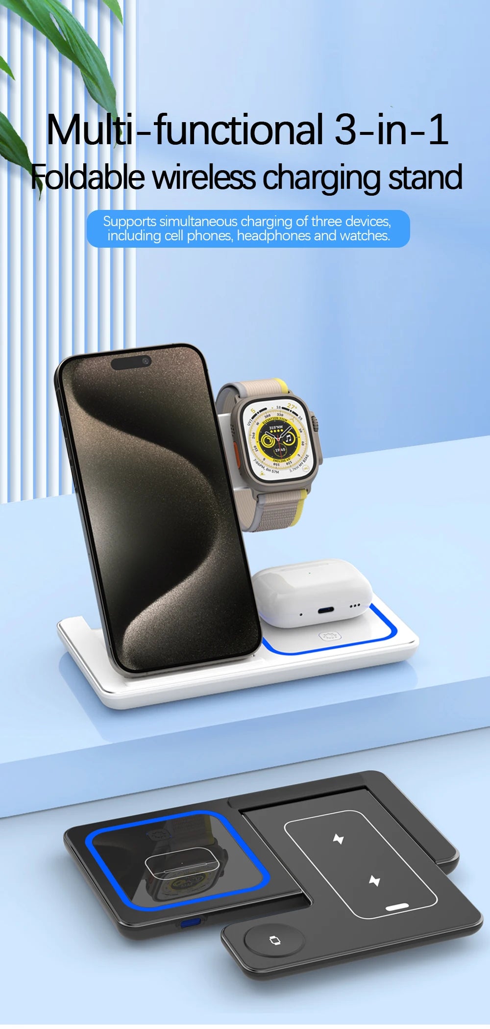 30W 3-in-1 Foldable Wireless Charging Station – For iPhone, Apple Watch & AirPods