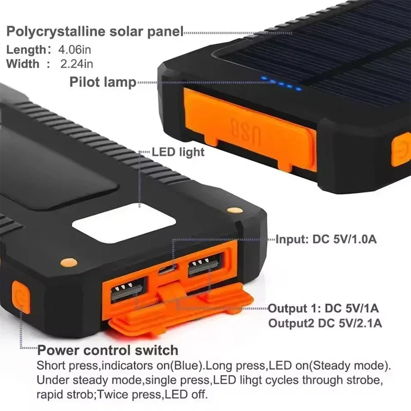 100,000mAh Solar Power Bank – Waterproof Portable Charger w/ Flashlight