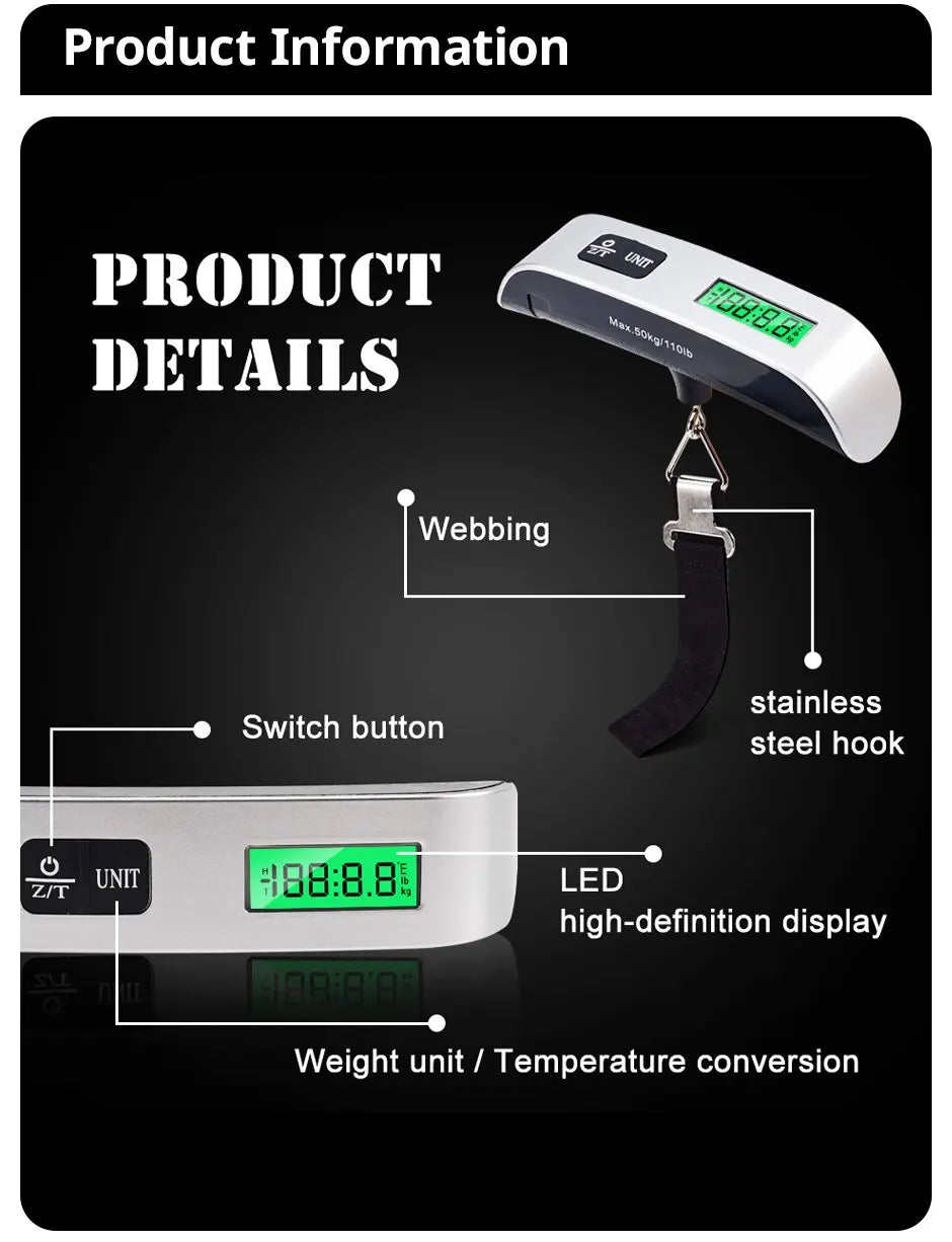 Digital Luggage Scale with LCD Display – 110lb/50kg Portable Travel Weighing Tool