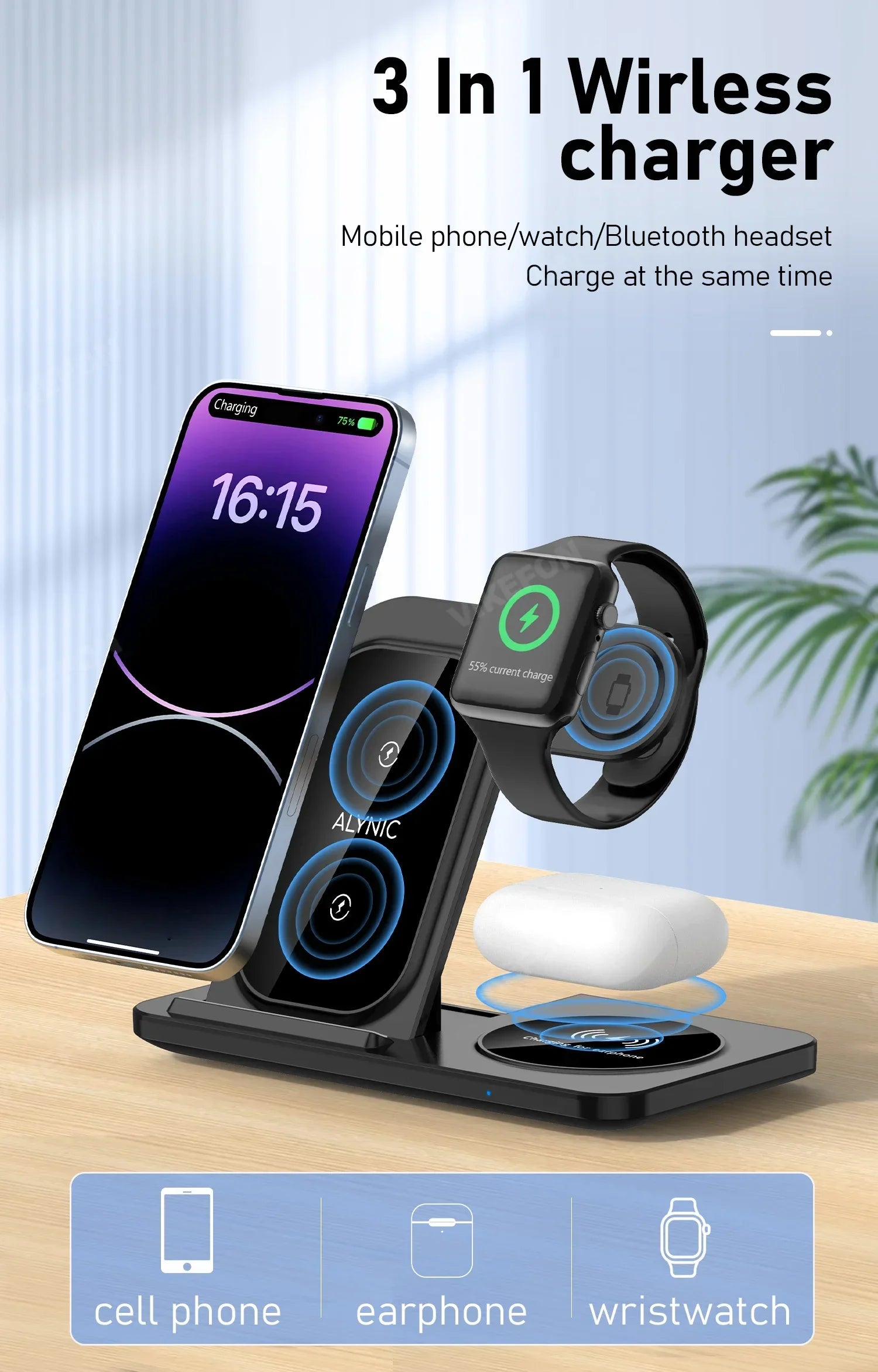 30W 3-in-1 Foldable Wireless Charging Station – For iPhone, Apple Watch & AirPods