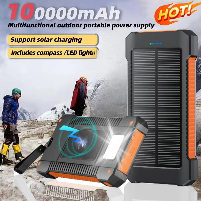 100,000mAh Solar Power Bank – Waterproof Portable Charger w/ Flashlight