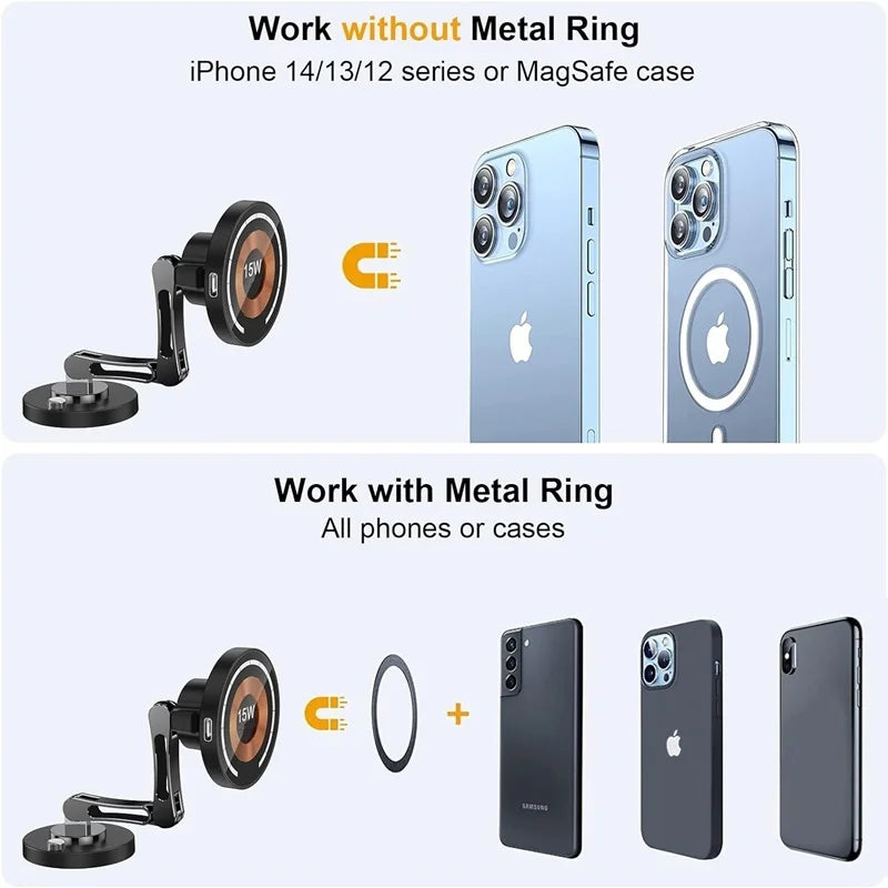 15W Magnetic Car Charger – Foldable 360° Mount for iPhone & Samsung