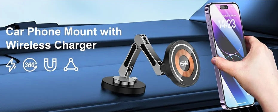 15W Magnetic Car Charger – Foldable 360° Mount for iPhone & Samsung