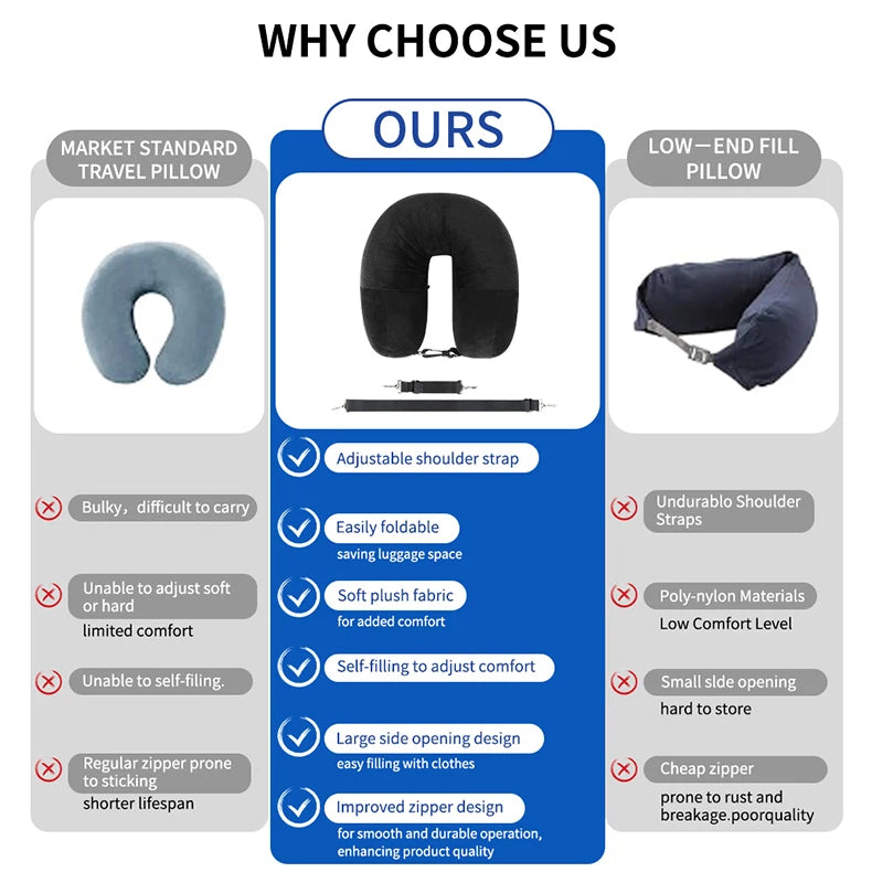 Travel Neck Pillow with Fillable U-Shaped Cover & Storage Bag