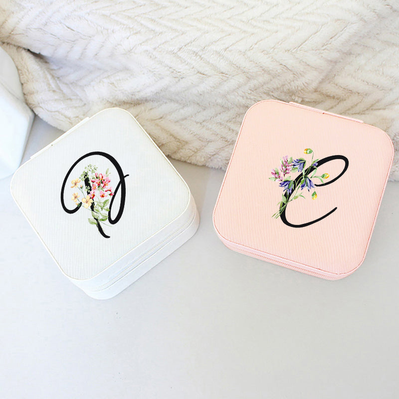 Personalized Leather Jewelry Travel Case – Zipper Organizer with Black Letters