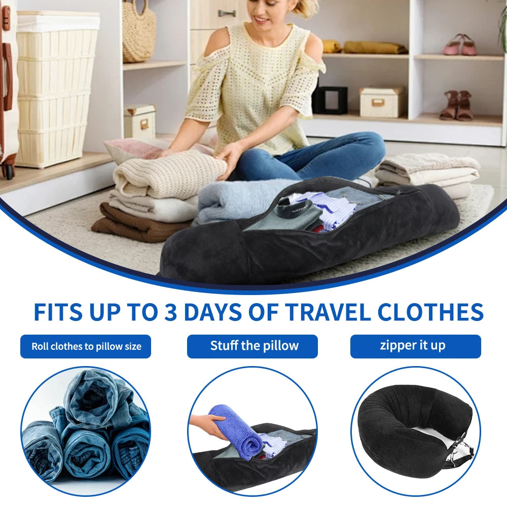 Travel Neck Pillow with Fillable U-Shaped Cover & Storage Bag
