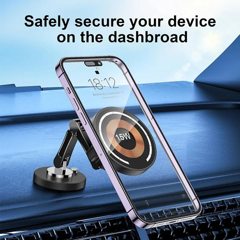 15W Magnetic Car Charger – Foldable 360° Mount for iPhone & Samsung