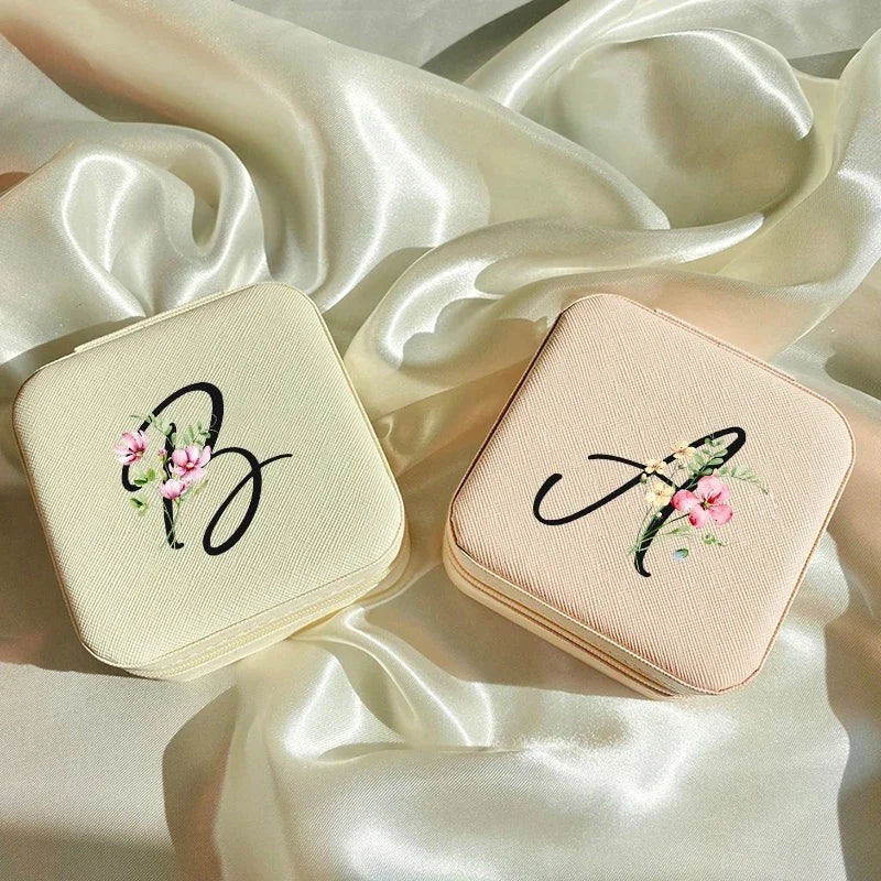 Personalized Leather Jewelry Travel Case – Zipper Organizer with Black Letters