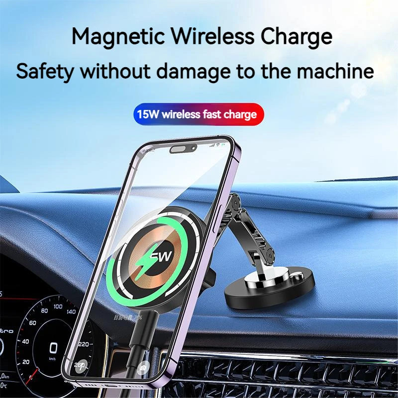 15W Magnetic Car Charger – Foldable 360° Mount for iPhone & Samsung