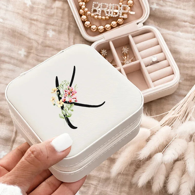 Personalized Leather Jewelry Travel Case – Zipper Organizer with Black Letters