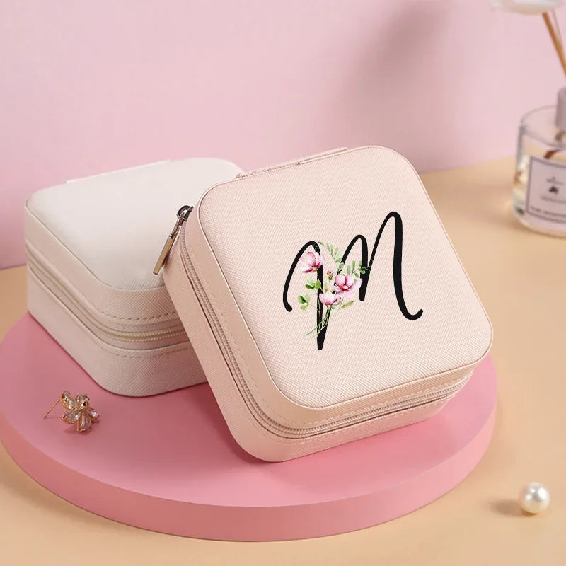 Personalized Leather Jewelry Travel Case – Zipper Organizer with Black Letters